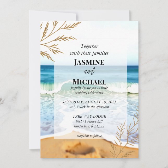 Gold Blue Beach Waves  Invitation (Front)