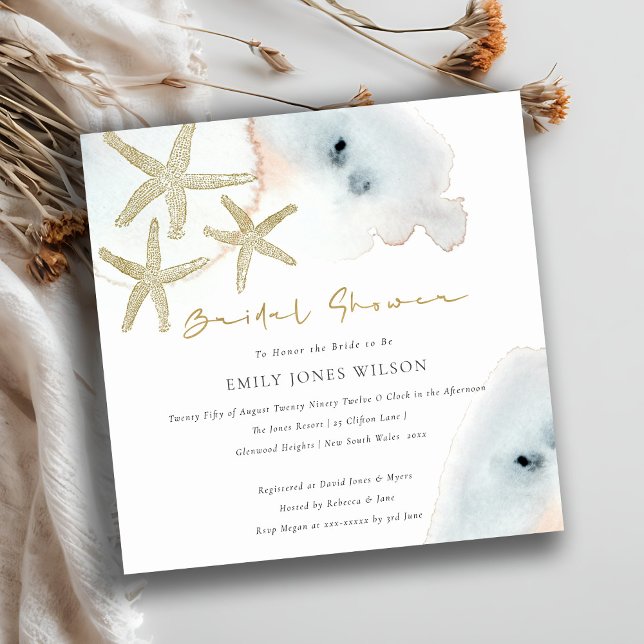 GOLD BLUE BEACHY STARFISH BRIDAL SHOWER INVITE (Creator Uploaded)