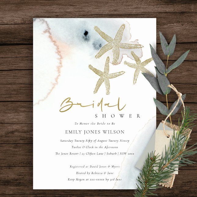 GOLD BLUE BEACHY STARFISH BRIDAL SHOWER INVITE (Creator Uploaded)