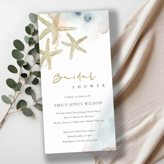 GOLD BLUE BEACHY STARFISH BRIDAL SHOWER INVITE (Creator Uploaded)