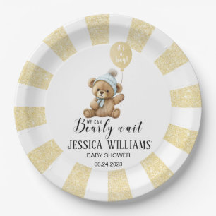 Gold blue bear balloon baby shower paper plate