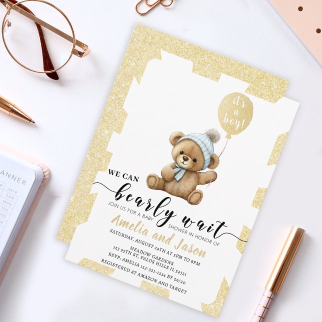 Gold blue bear balloon boy baby shower invitation (Creator Uploaded)
