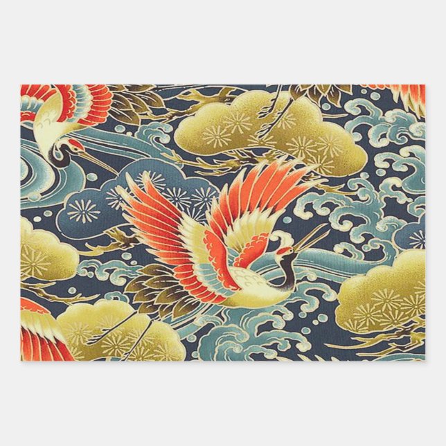 Gold Blue Bird Japanese Kimono Floral Decoupage Wrapping Paper Sheet (Front)