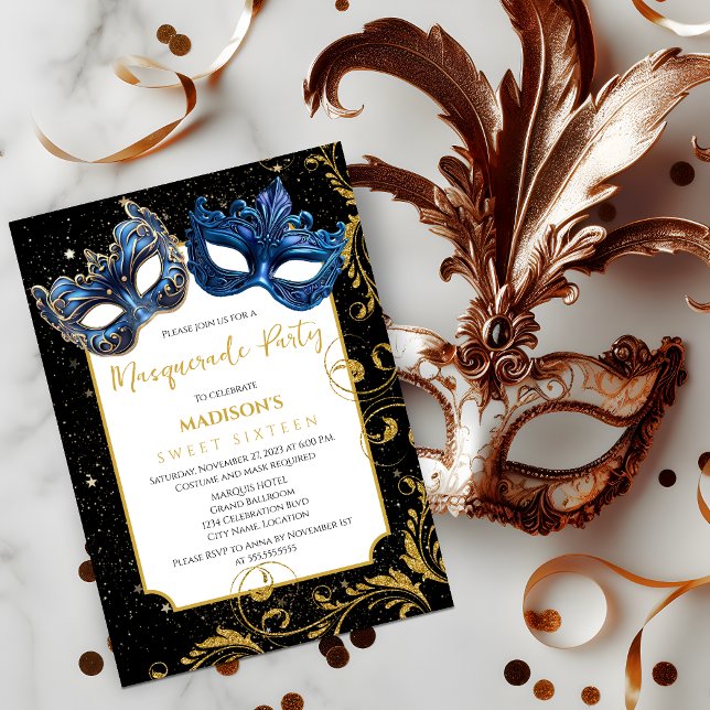 Gold Blue Birthday Masquerade Party Invitation (Celebrate a birthday with an elegant masquerade ball by inviting your guests with this invitation.)