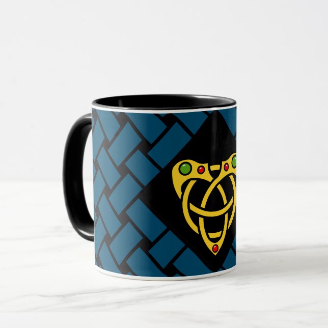 Gold/blue/black bands/weave, Celtic heart knot Mug (Front Left)
