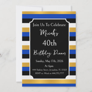Gold Blue Black White Lines, Modern Stylish Chic Invitation