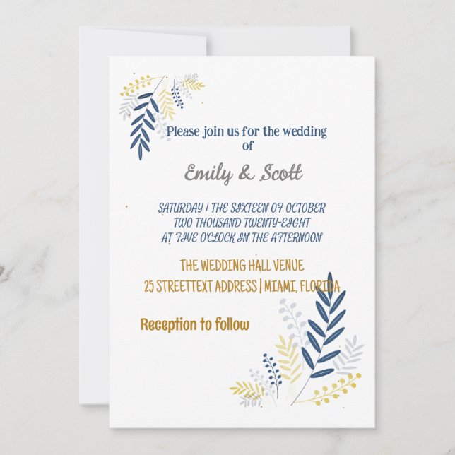 Gold-blue branches Wedding Invitations (Front)