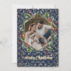 Gold Blue Buffalo Plaid Photo Christmas Cards