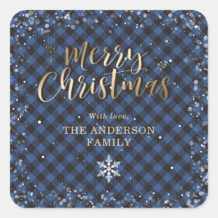 Gold Blue Buffalo Plaid Snowflake Christmas Square Sticker