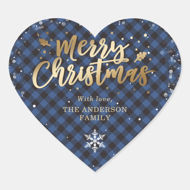 Gold Blue Buffalo Plaid Snowflake Merry Christmas Heart Sticker (Front)