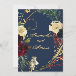 Gold Blue Burgundy Watercolor Floral Wreath Weddin Invitation