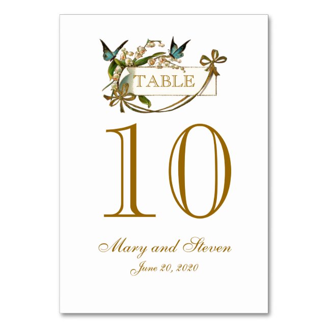Gold Blue Butterfly Wedding Table Number Card (Front)