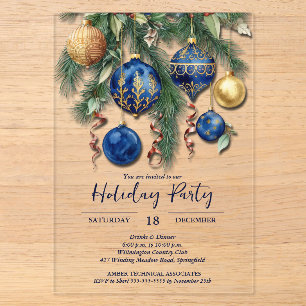 Gold & Blue Christmas Ornaments Party Acrylic Invitations
