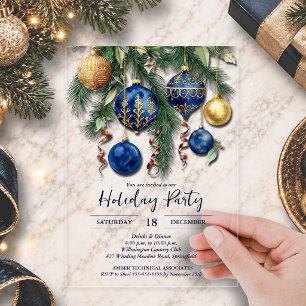 Gold & Blue Christmas Ornaments Party Acrylic Invitations