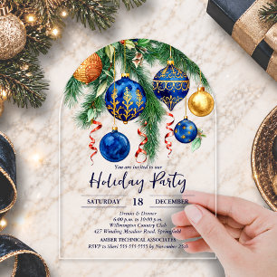 Gold & Blue Christmas Ornaments Party Arched Acrylic Invitations