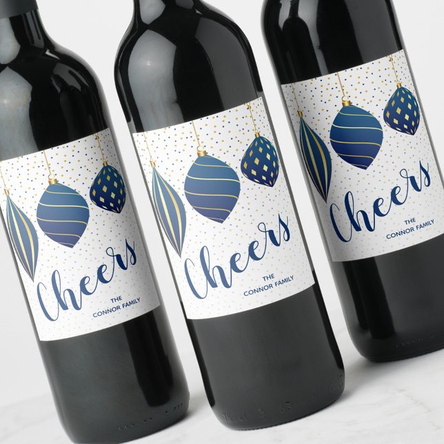 Gold Blue Christmas Ornaments Wine Label (Creator Uploaded)