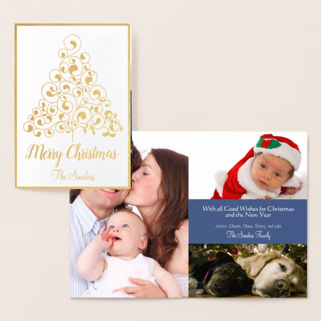 Gold Blue Christmas Tree Holiday Photo Collage Foil Card (Display)
