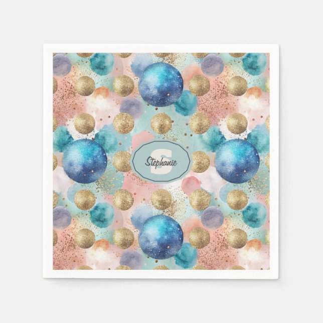 Gold & Blue Circle Pattern with Glitter Accents Napkin (Front)