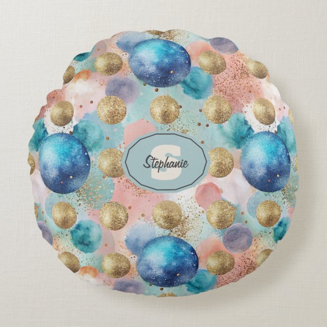 Gold & Blue Circle Pattern with Glitter Accents Round Cushion (Front)