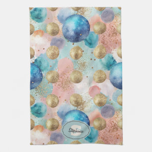 Gold & Blue Circle Pattern with Glitter Accents Tea Towel