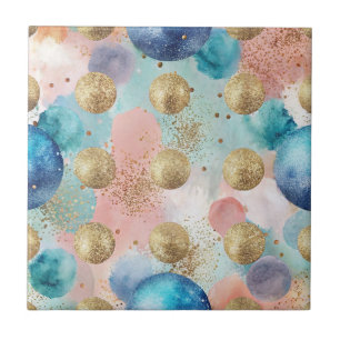 Gold & Blue Circle Pattern with Glitter Accents Tile