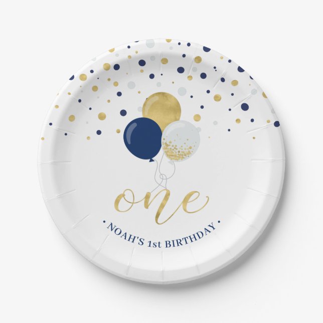 Gold & Blue Confetti Balloons 1st Birthday Party Paper Plate (Front)