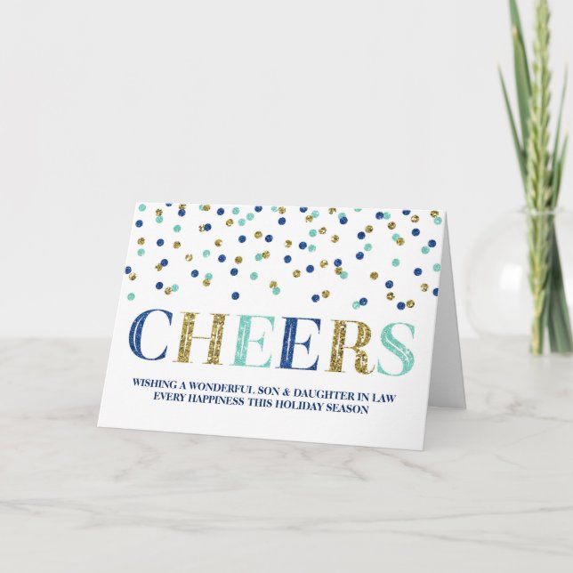 Gold Blue Confetti Christmas Son & Daughter in Law Holiday Card (Front)
