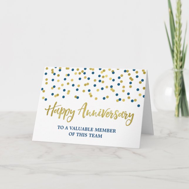 Gold Blue Confetti Employee Anniversary Card (Front)