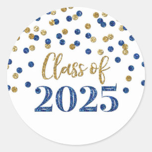 Gold Blue Confetti Graduation 2025 Classic Round Sticker