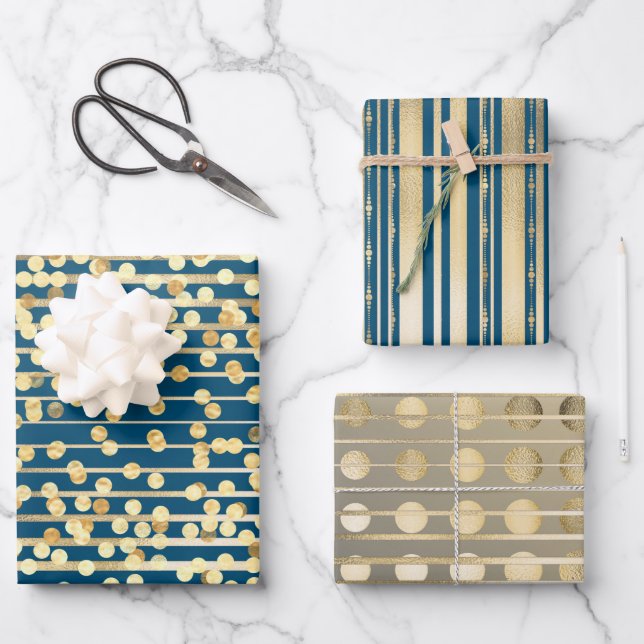 Gold blue confetti stripes elegant formal pattern wrapping paper sheet (Front)