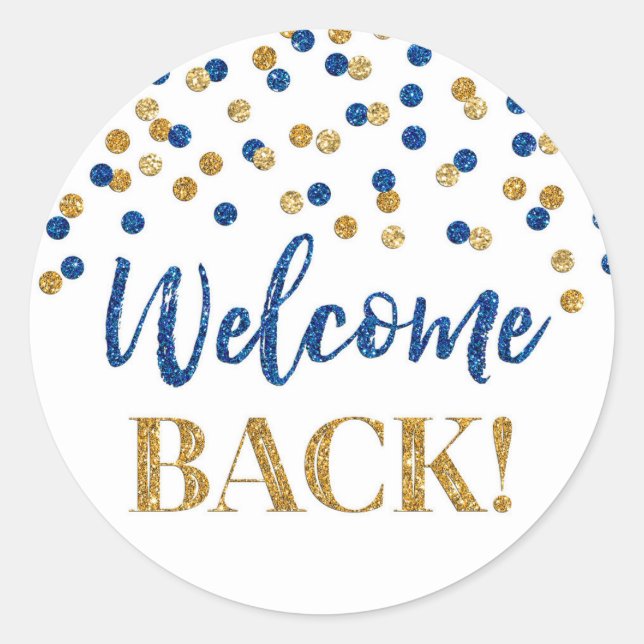 Gold Blue Confetti Welcome Back Round Sticker (Front)
