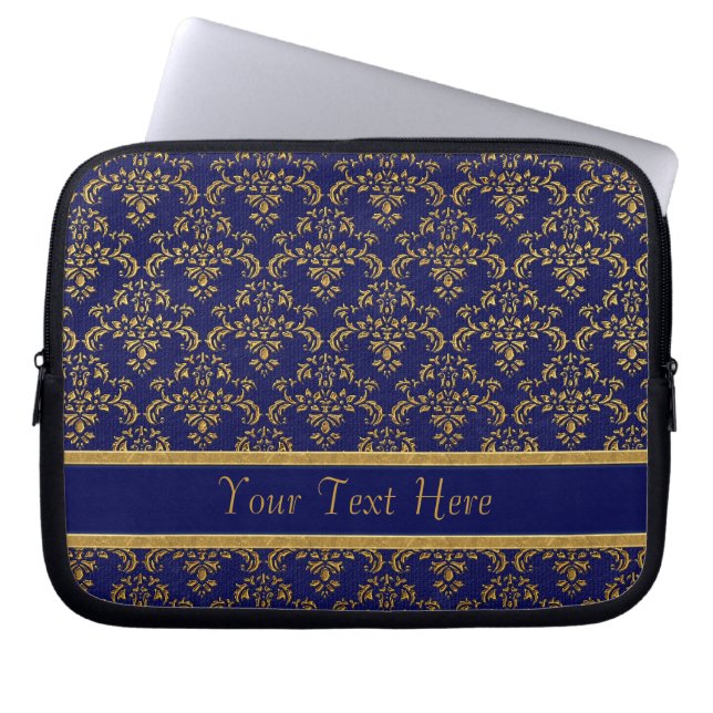 Gold & Blue Damask Pattern Laptop Sleeve (Front)