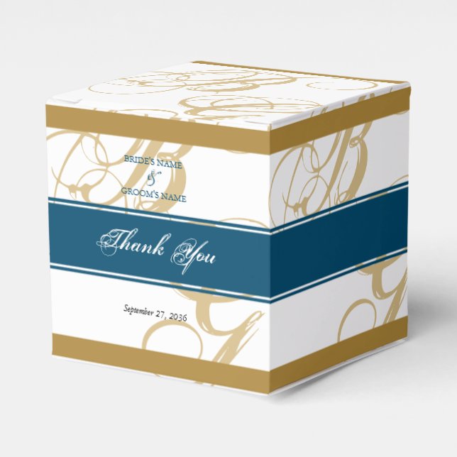 Gold Blue Elegant Script Monogram Wedding Favour Box (Front Side)