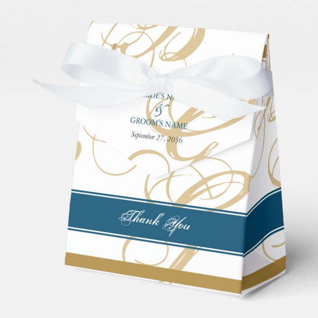 Gold Blue Elegant Script Monogram Wedding Favour Box (Front Side)