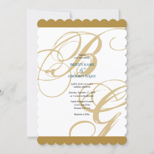 Gold Blue Elegant Script Monogram Wedding Invitation