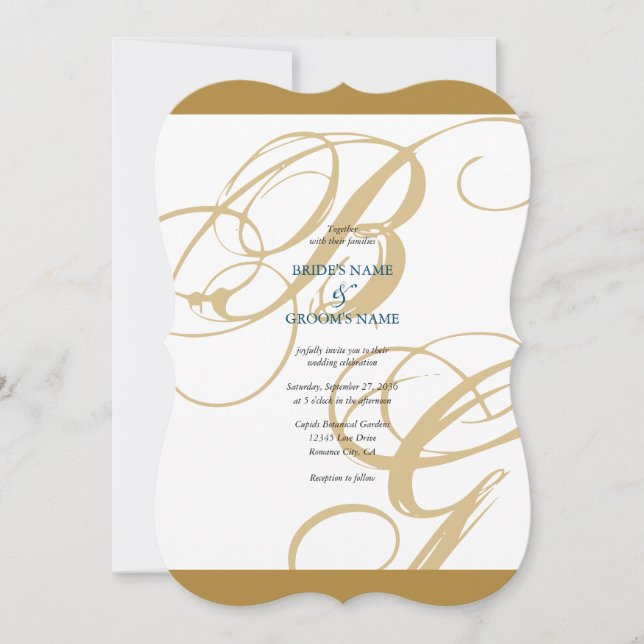 Gold Blue Elegant Script Monogram Wedding Invitation (Front)