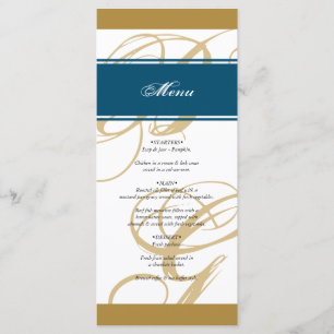 Gold Blue Elegant Script Monogram Wedding Menu