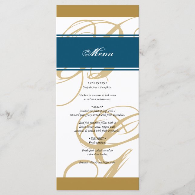 Gold Blue Elegant Script Monogram Wedding  Menu (Front)