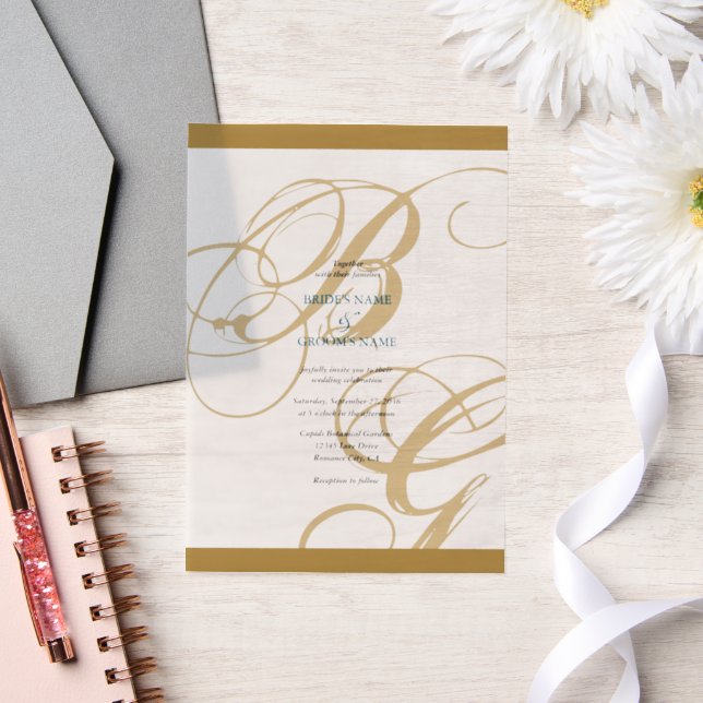 Gold Blue Elegant Script Monogram Wedding Vellum Invitations (Wedding)