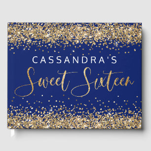 Gold Blue Faux Glitter Sweet Sixteen Guest Book