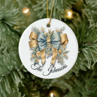 Gold & Blue Festive Bow Design - Custom Ceramic Tree Decoration