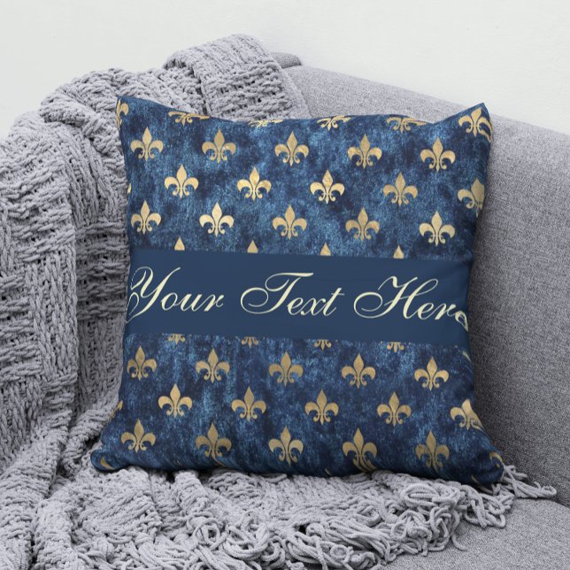 Gold Blue Fleur De Lis Add Your Text  Throw Pillow (Creator Uploaded)