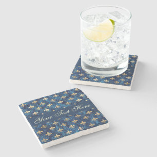 Gold Blue Fleur De Lis Custom Text Stone Coaster