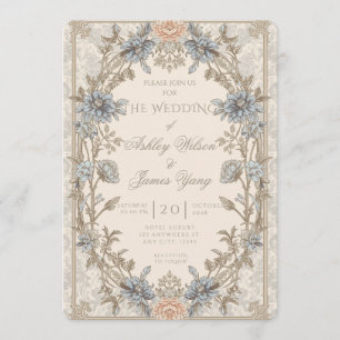 Gold Blue Floral Botanical Wedding Invitation