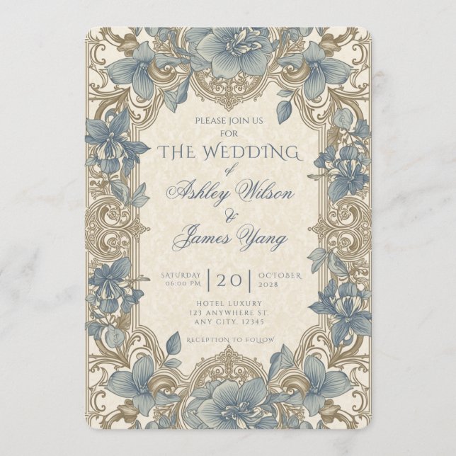 Gold Blue Floral Botanical Wedding Invitation (Front)