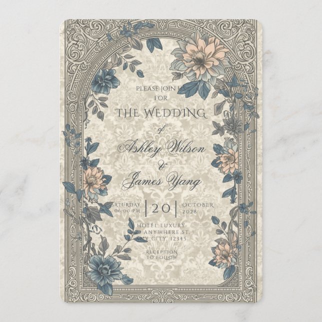 Gold Blue Floral Botanical Wedding Invitation (Front)