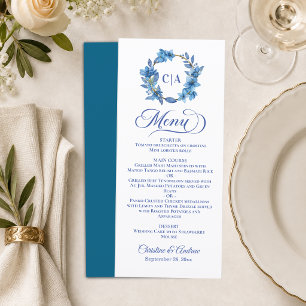 Gold Blue Floral Frame Couple Initials Wedding Menu