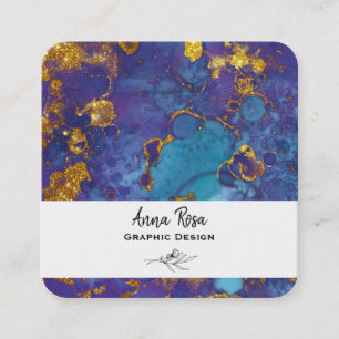 *~* Gold Blue Floral Marble Abstract Organic Square Business Card
