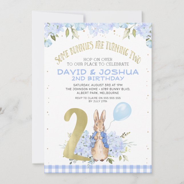 Gold Blue Floral Peter Rabbit 2nd Birthday Invitation (Front)