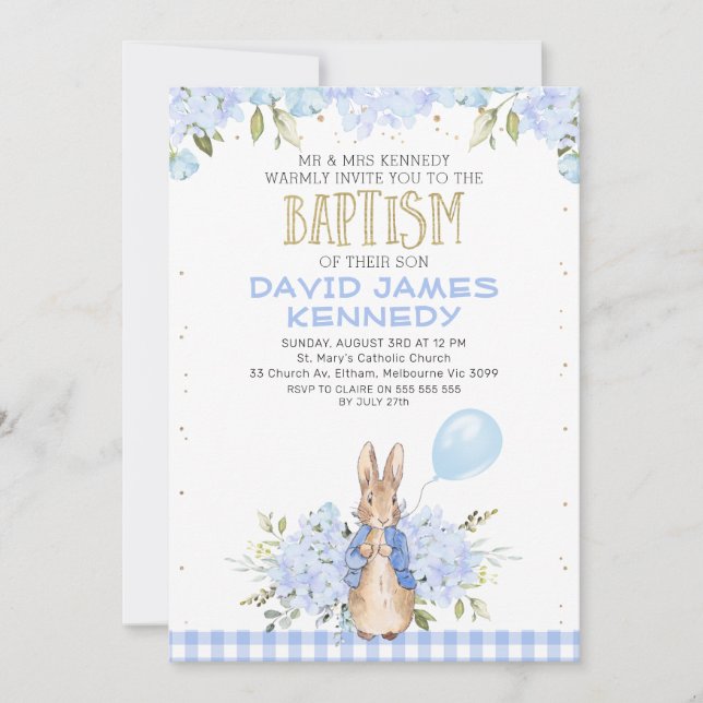 Gold Blue Floral Peter Rabbit Baptism Invitation (Front)